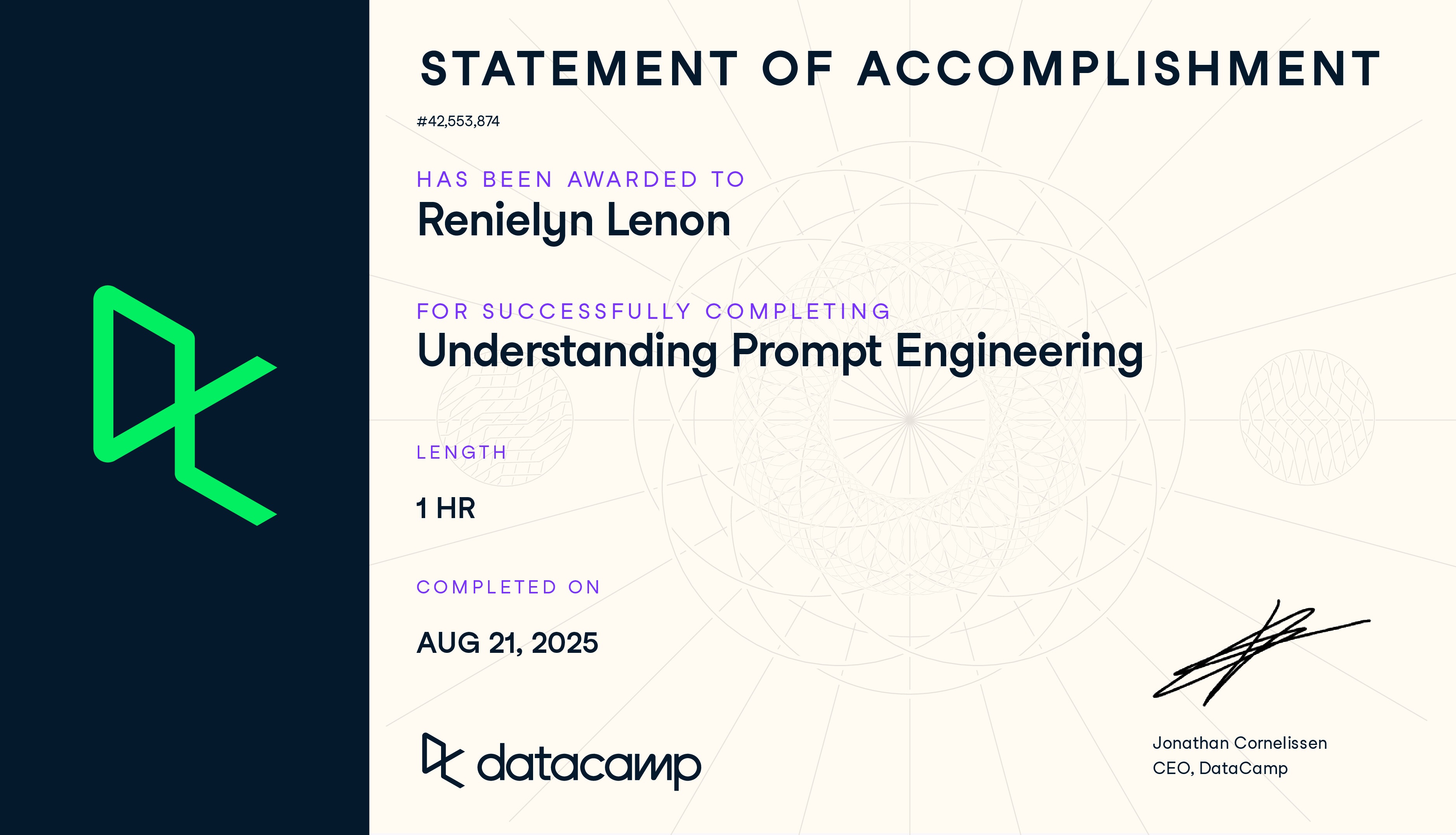 Understanding Prompt Engineering Certificate by DataCamp - Renielyn Lenon